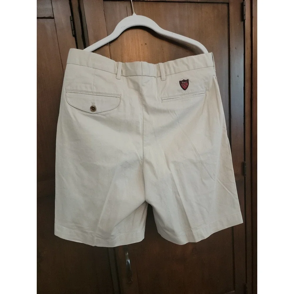 Polo Ralph Lauren Mens Pleated Chino Shorts Khaki Tan Plaid Shield Patch 36